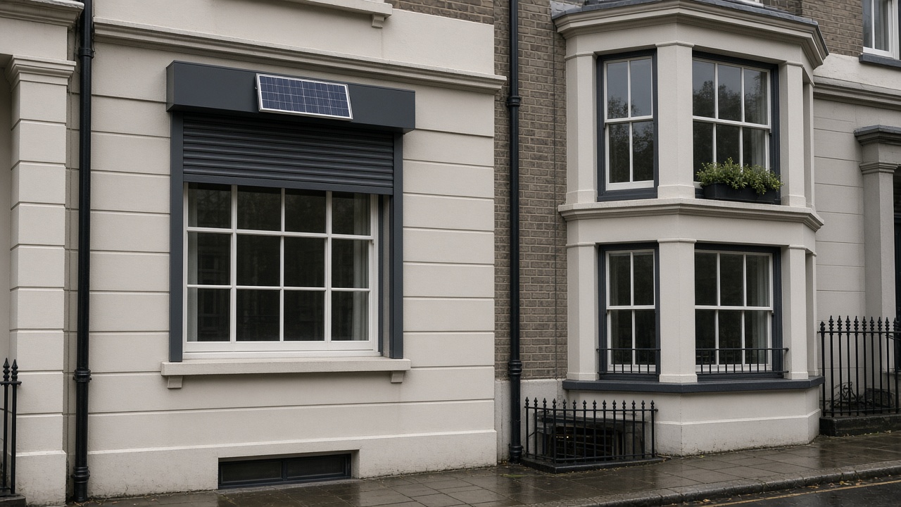 A small solar panel on the front of an anthracite roller shutter box, a dark grey roller shutter only a quarter down, with the box and side guides showing, on a painted townhouse with a bay, just after rain, paving still wet. Wide view of the whole elevation.