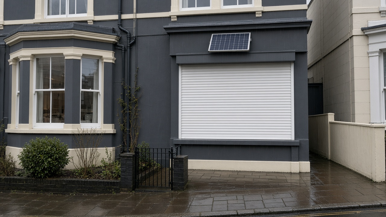 A small solar panel on the front of an anthracite roller shutter box, a white roller shutter fully lowered, on a painted townhouse with a bay, just after rain, paving still wet. Wide view of the whole elevation.