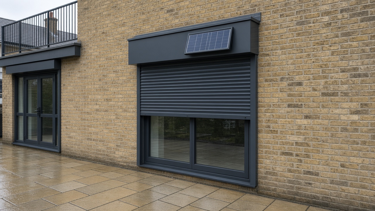 A small solar panel on the front of an anthracite roller shutter box, a dark grey roller shutter only a quarter down, with the box and side guides showing, on a yellow London stock brick terrace, just after rain, paving still wet. Wide view of the whole elevation.