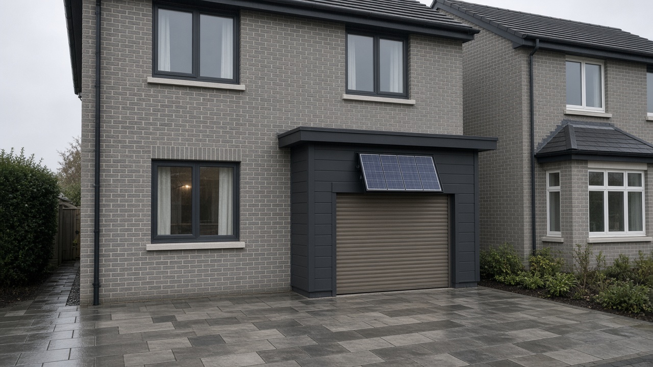 A small solar panel on the front of an anthracite roller shutter box, a bronze roller shutter nearly closed, on a grey-brick semi, just after rain, paving still wet. Wide view of the whole elevation.