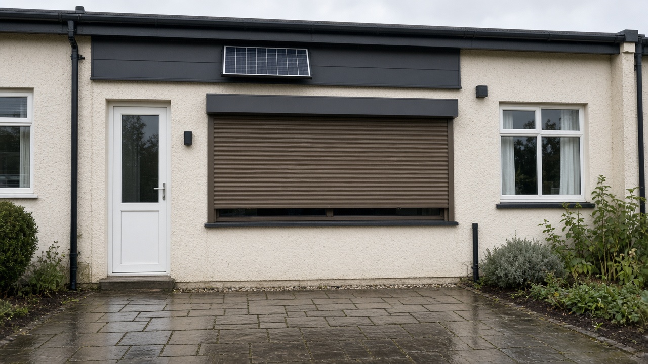 A small solar panel on the front of an anthracite roller shutter box, a bronze roller shutter nearly closed, on a cream bungalow, just after rain, paving still wet. Wide view of the whole elevation.