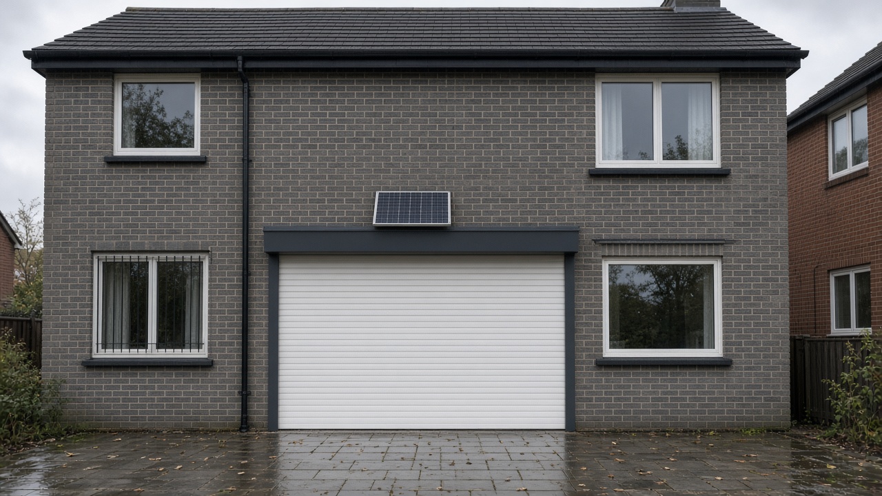 A small solar panel on the front of an anthracite roller shutter box, a white roller shutter fully lowered, on a grey-brick semi, just after rain, paving still wet. Wide view of the whole elevation.