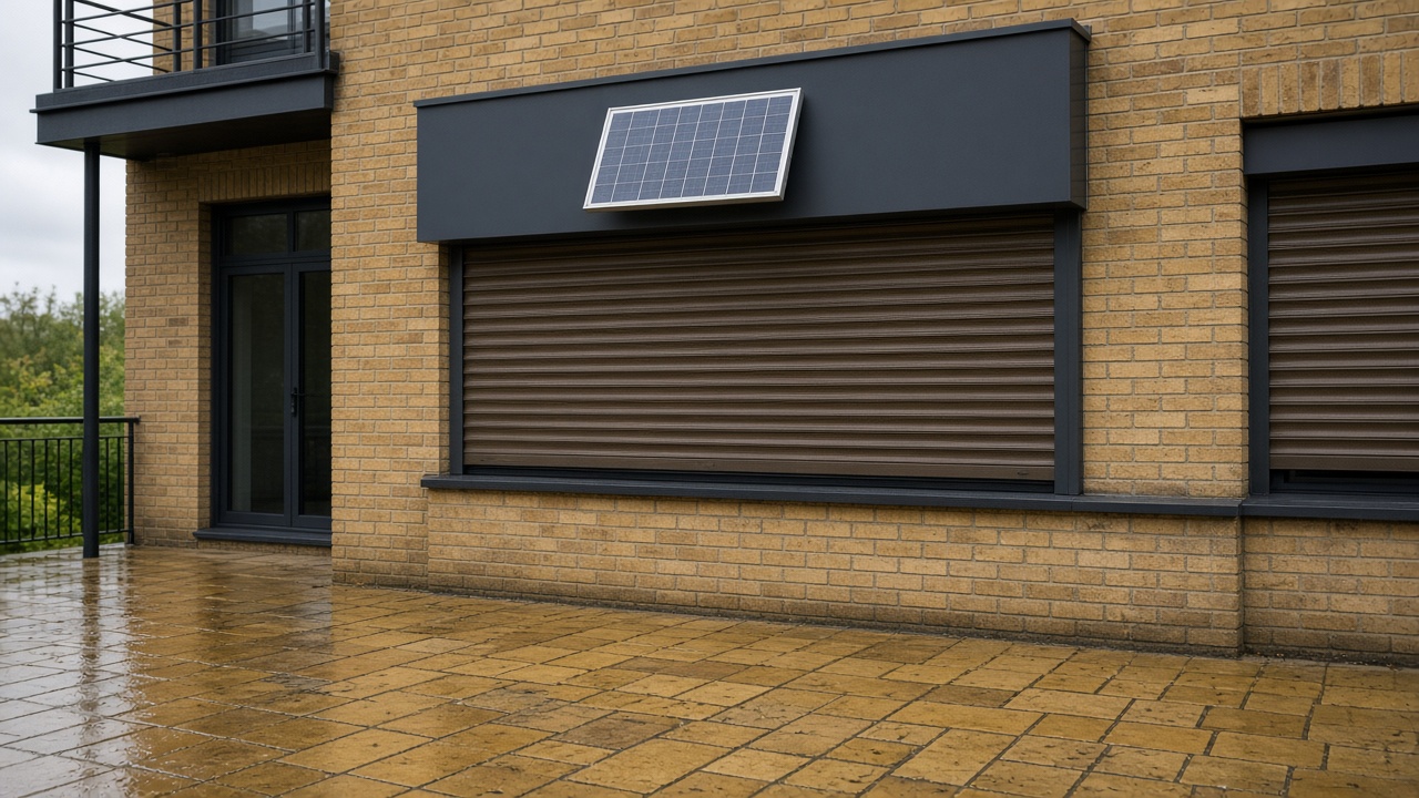 A small solar panel on the front of an anthracite roller shutter box, a bronze roller shutter nearly closed, on a yellow London stock brick terrace, just after rain, paving still wet. Wide view of the whole elevation.