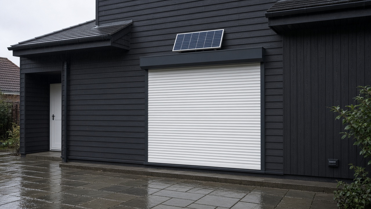 A small solar panel on the front of an anthracite roller shutter box, a white roller shutter fully lowered, on a dark timber-clad house, just after rain, paving still wet. Wide view of the whole elevation.