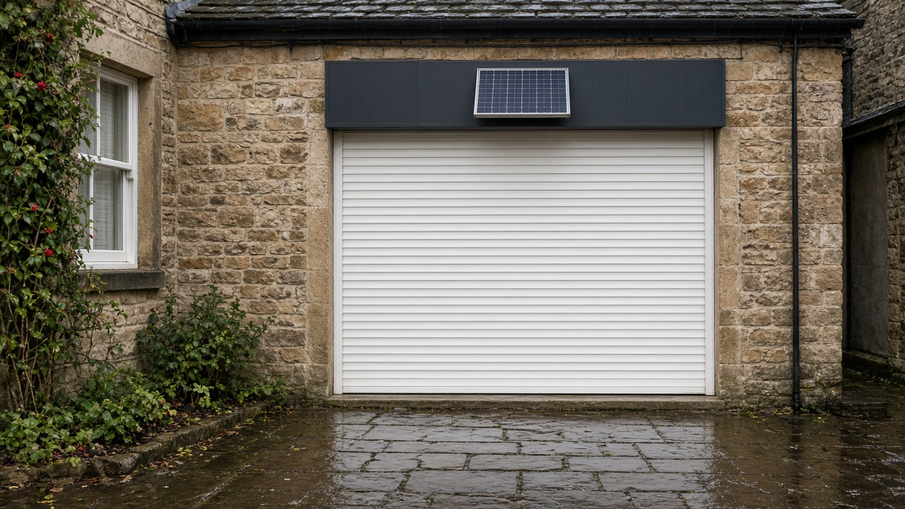 A small solar panel on the front of an anthracite roller shutter box, a white roller shutter fully lowered, on a sandstone cottage, just after rain, paving still wet. Wide view of the whole elevation.