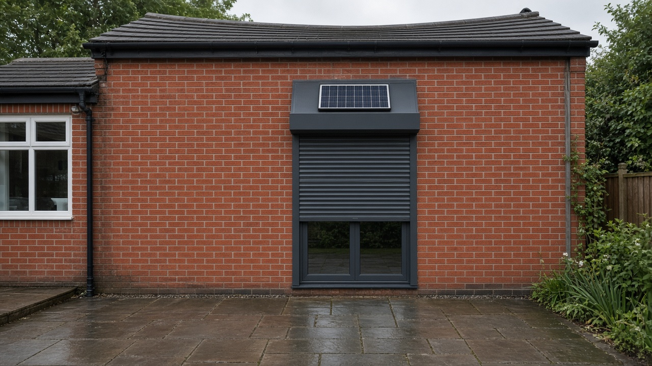 A small solar panel on the front of an anthracite roller shutter box, a dark grey roller shutter only a quarter down, with the box and side guides showing, on a red-brick rear extension, just after rain, paving still wet. Wide view of the whole elevation.