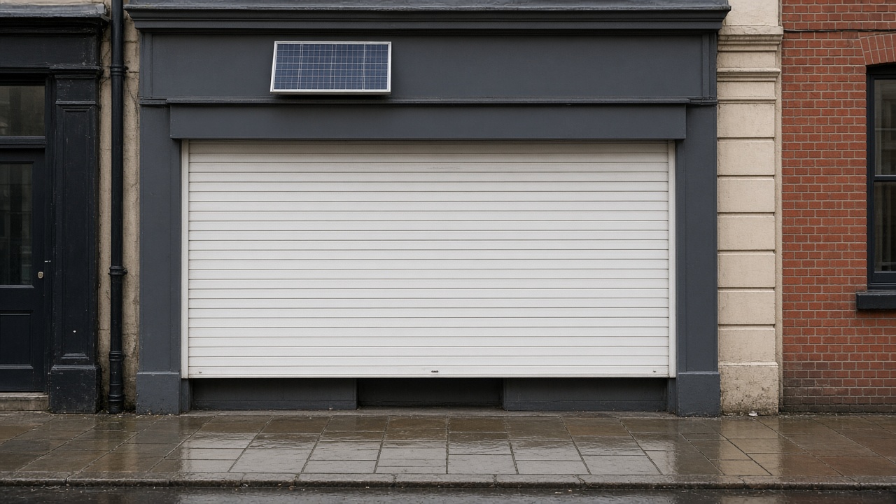 A small solar panel on the front of an anthracite roller shutter box, a white roller shutter fully lowered, on a small high-street shopfront, just after rain, paving still wet. Wide view of the whole elevation.