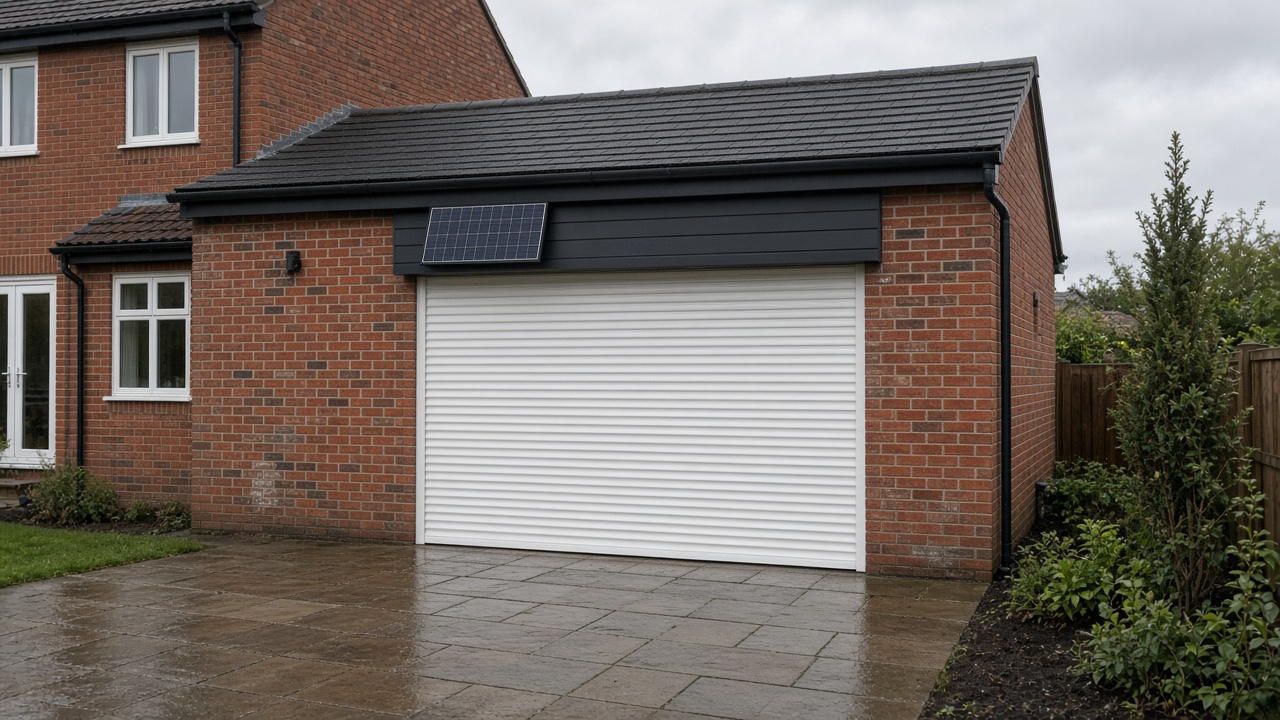 A small solar panel on the front of an anthracite roller shutter box, a white roller shutter fully lowered, on a red-brick rear extension, just after rain, paving still wet. Wide view of the whole elevation.