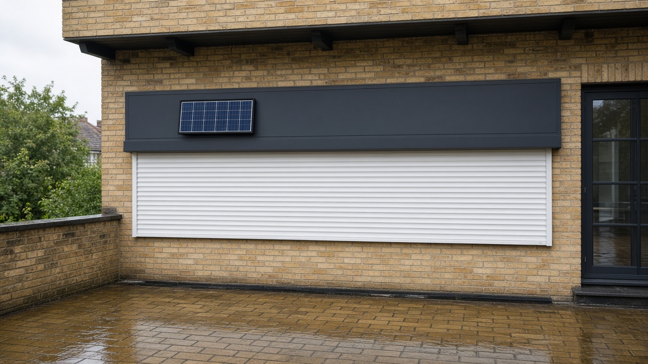 A small solar panel on the front of an anthracite roller shutter box, a white roller shutter fully lowered, on a yellow London stock brick terrace, just after rain, paving still wet. Wide view of the whole elevation.