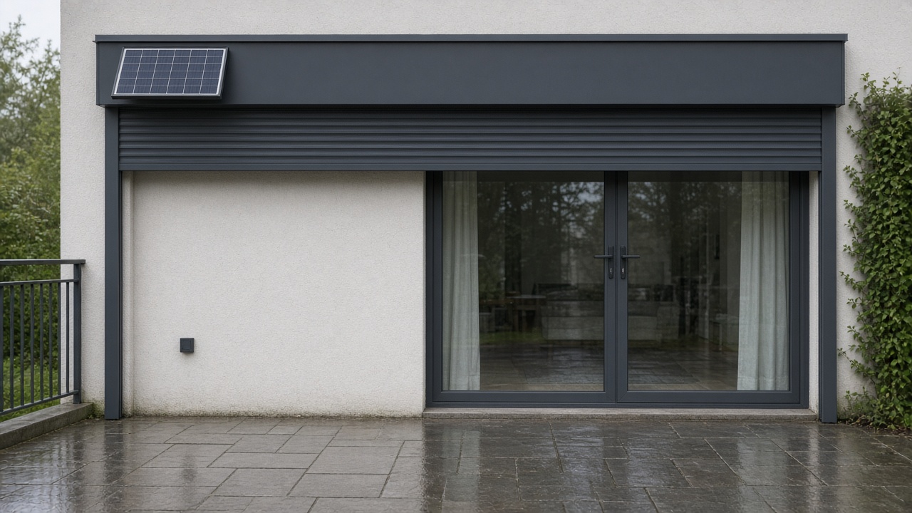 A small solar panel on the front of an anthracite roller shutter box, a dark grey roller shutter only a quarter down, with the box and side guides showing, on a flat with a glazed balcony door, just after rain, paving still wet. Wide view of the whole elevation.