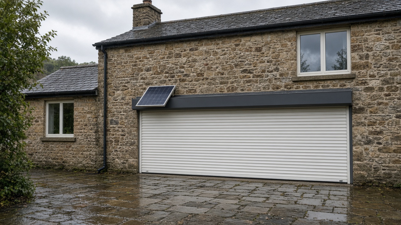 A small solar panel on the front of an anthracite roller shutter box, a white roller shutter fully lowered, on a stone farmhouse, just after rain, paving still wet. Wide view of the whole elevation.