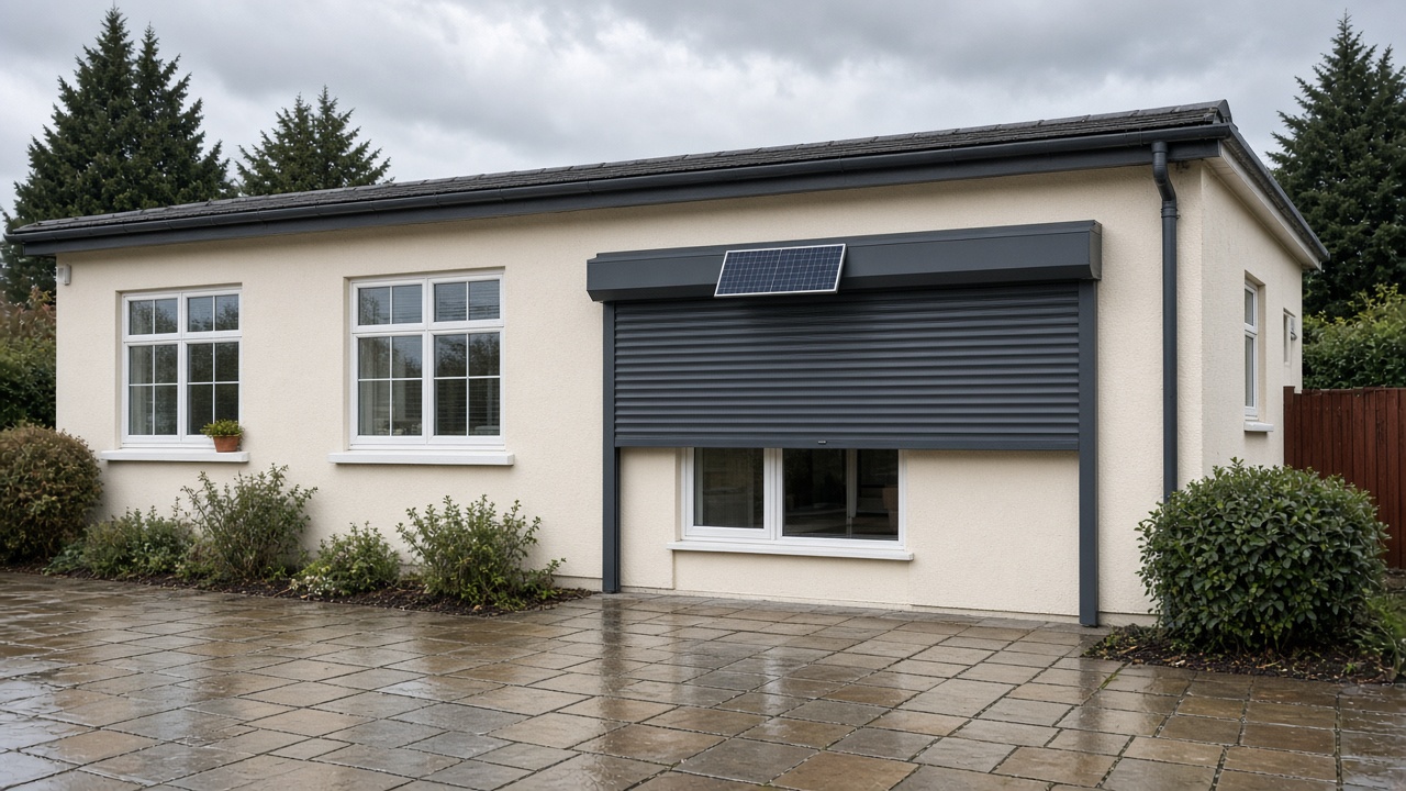 A small solar panel on the front of an anthracite roller shutter box, a dark grey roller shutter only a quarter down, with the box and side guides showing, on a cream bungalow, just after rain, paving still wet. Wide view of the whole elevation.