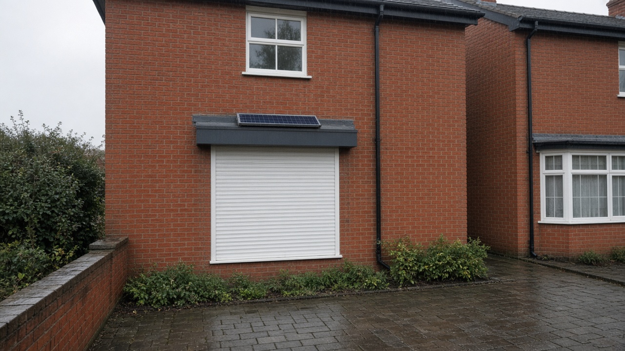 A small solar panel on the front of an anthracite roller shutter box, a white roller shutter fully lowered, on a 1930s red-brick semi, just after rain, paving still wet. Wide view of the whole elevation.
