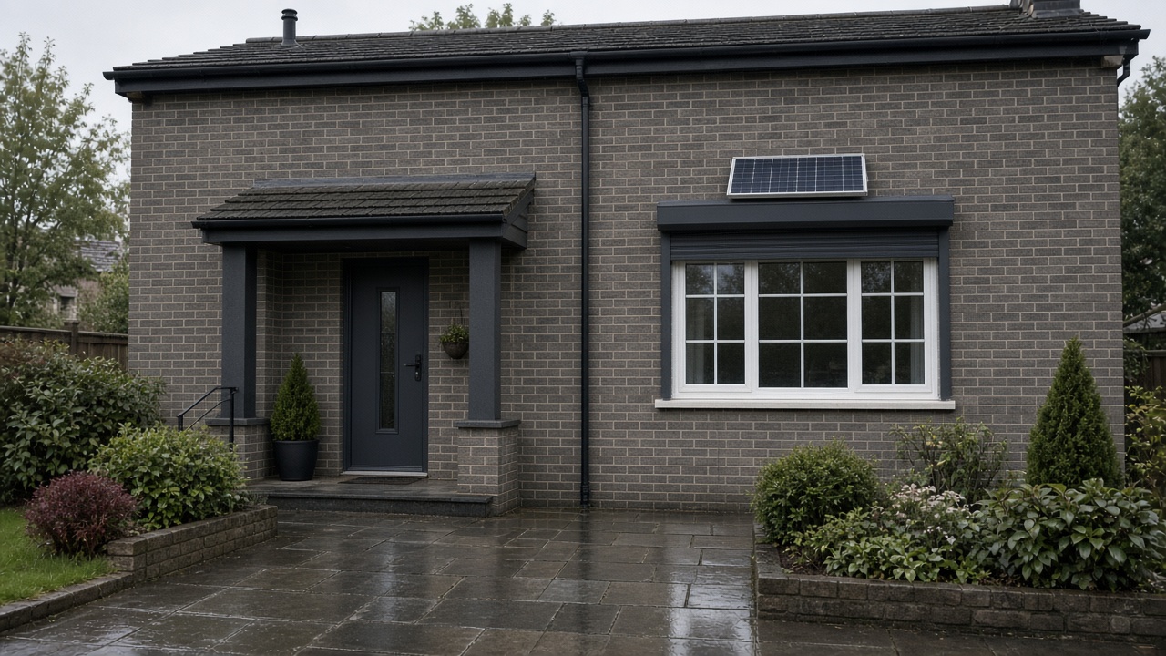 A small solar panel on the front of an anthracite roller shutter box, a dark grey roller shutter only a quarter down, with the box and side guides showing, on a grey-brick semi, just after rain, paving still wet. Wide view of the whole elevation.