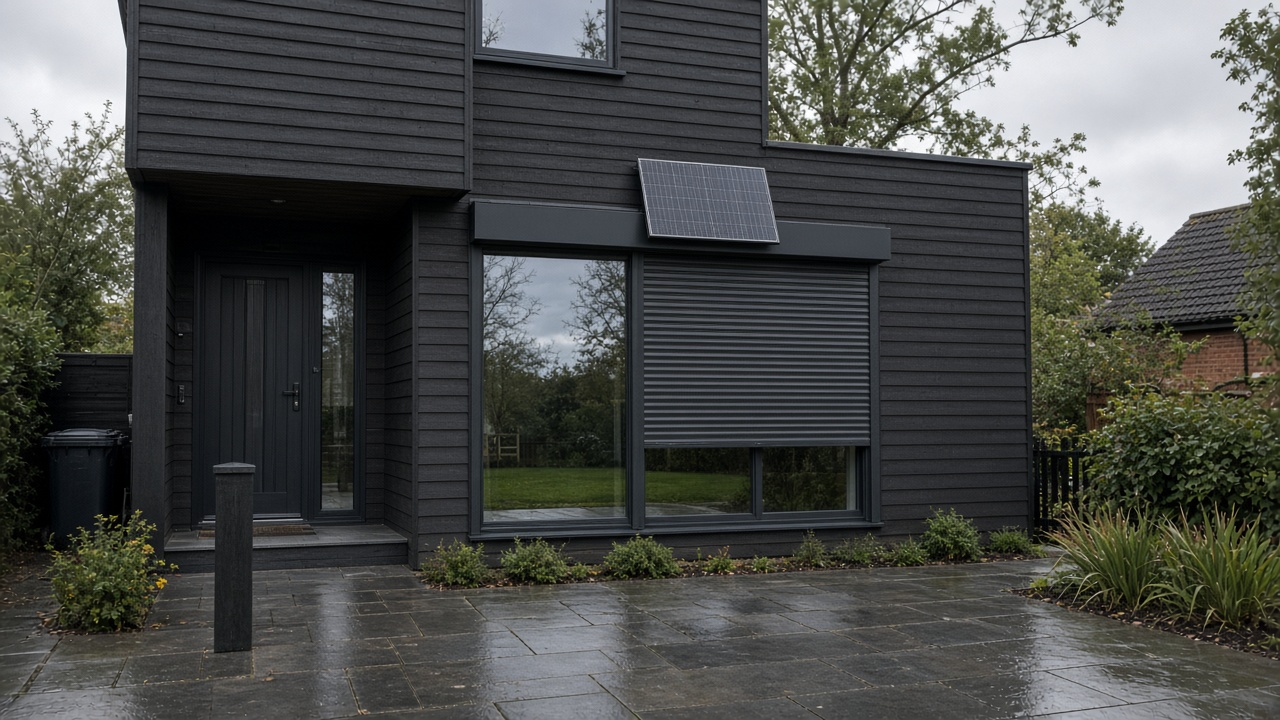 A small solar panel on the front of an anthracite roller shutter box, a dark grey roller shutter only a quarter down, with the box and side guides showing, on a dark timber-clad house, just after rain, paving still wet. Wide view of the whole elevation.