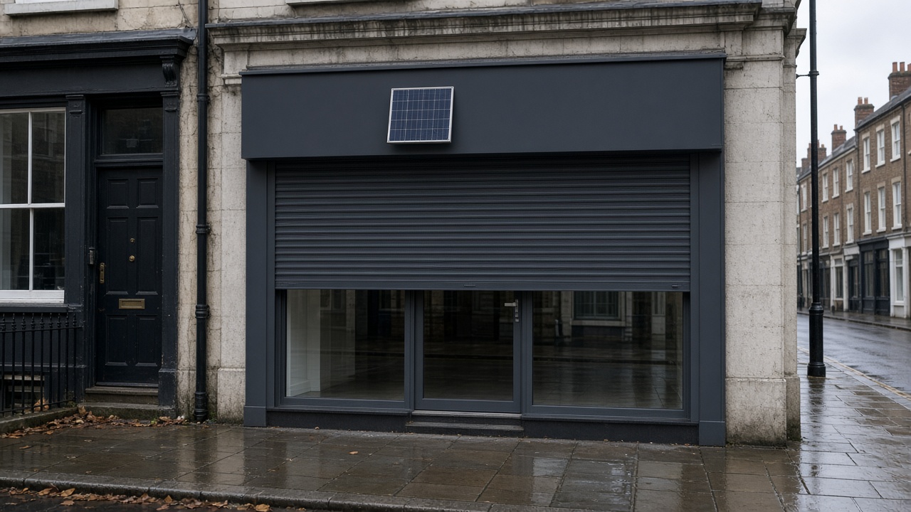 A small solar panel on the front of an anthracite roller shutter box, a dark grey roller shutter only a quarter down, with the box and side guides showing, on a small high-street shopfront, just after rain, paving still wet. Wide view of the whole elevation.