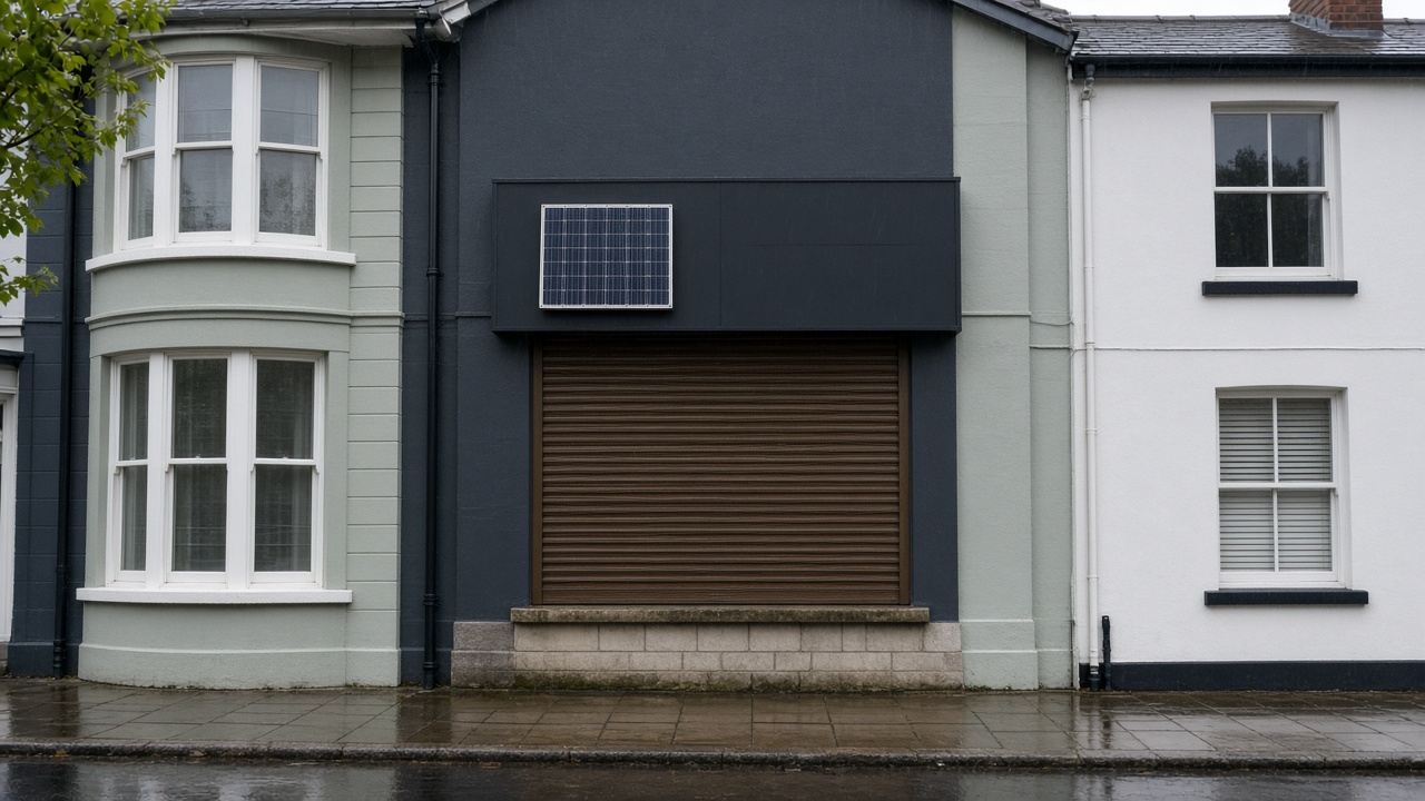 A small solar panel on the front of an anthracite roller shutter box, a bronze roller shutter nearly closed, on a painted townhouse with a bay, just after rain, paving still wet. Wide view of the whole elevation.