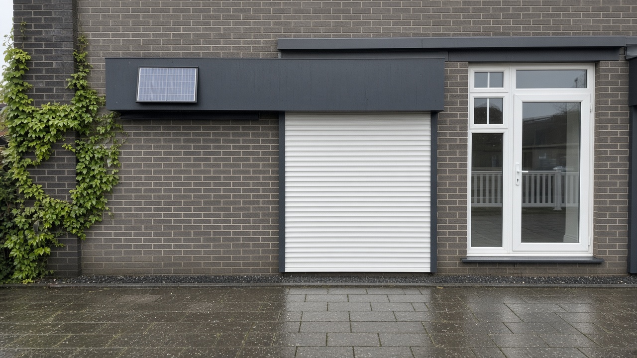 A small solar panel on the front of an anthracite roller shutter box, a white roller shutter fully lowered, on a flat with a glazed balcony door, just after rain, paving still wet. Wide view of the whole elevation.