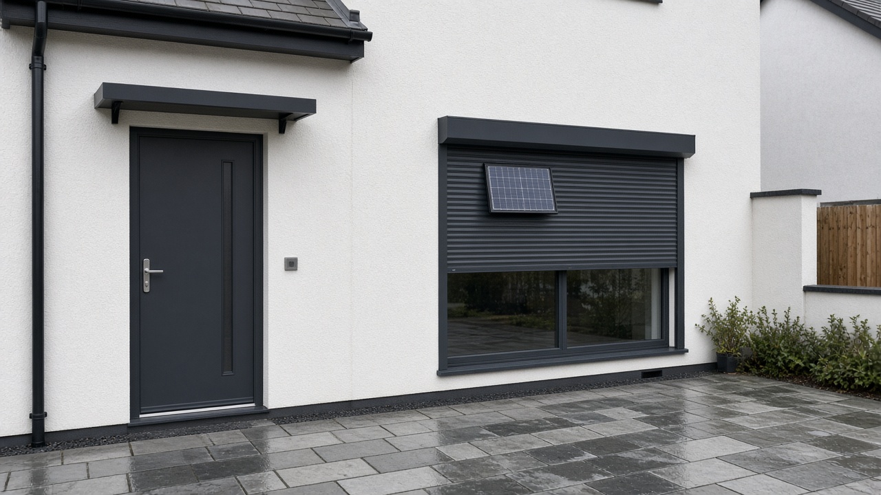 A small solar panel on the front of an anthracite roller shutter box, a dark grey roller shutter only a quarter down, with the box and side guides showing, on a white rendered new-build, just after rain, paving still wet. Wide view of the whole elevation.