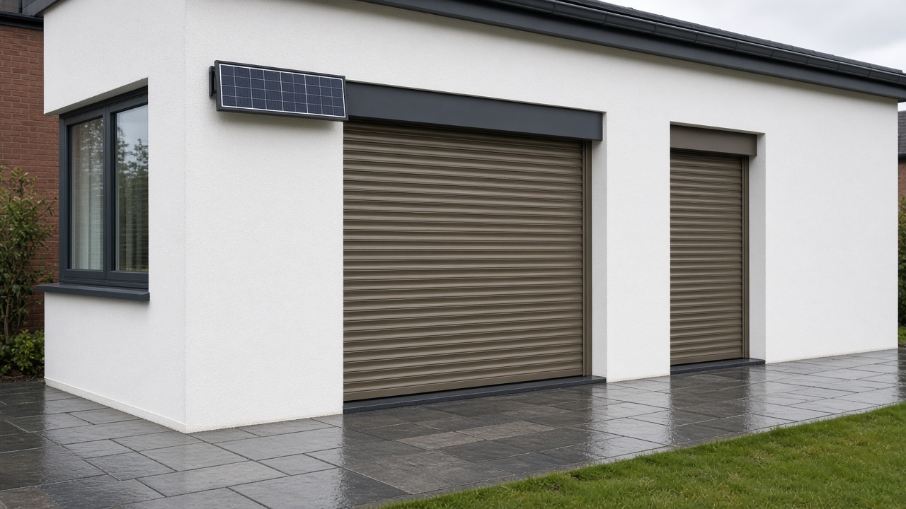 A small solar panel on the front of an anthracite roller shutter box, a bronze roller shutter nearly closed, on a white rendered new-build, just after rain, paving still wet. Wide view of the whole elevation.