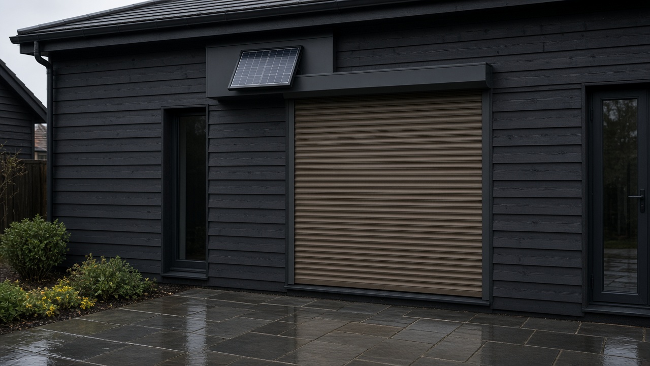 A small solar panel on the front of an anthracite roller shutter box, a bronze roller shutter nearly closed, on a dark timber-clad house, just after rain, paving still wet. Wide view of the whole elevation.
