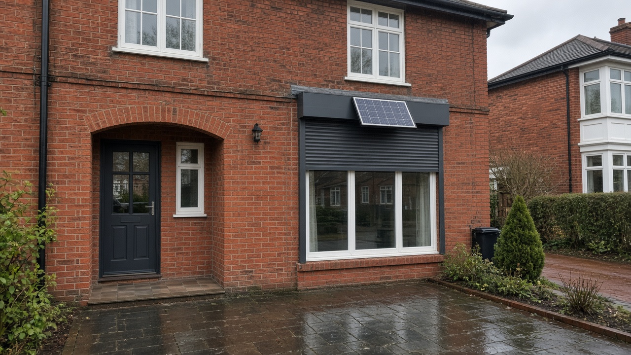 A small solar panel on the front of an anthracite roller shutter box, a dark grey roller shutter only a quarter down, with the box and side guides showing, on a 1930s red-brick semi, just after rain, paving still wet. Wide view of the whole elevation.