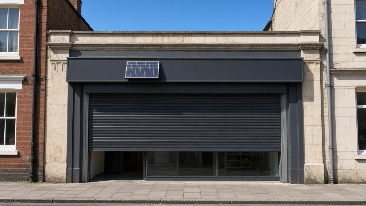 A small solar panel on the front of an anthracite roller shutter box, a dark grey roller shutter only a quarter down, with the box and side guides showing, on a small high-street shopfront, hard summer sun and a clear sky. Wide view of the whole elevation.