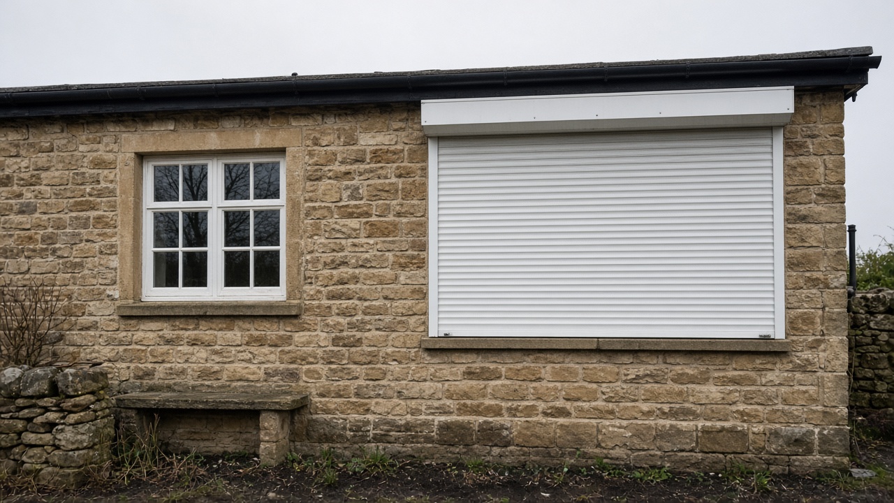 The motor end of a roller shutter box, a white roller shutter fully lowered, on a sandstone cottage, a flat winter sky. Wide view of the whole elevation.