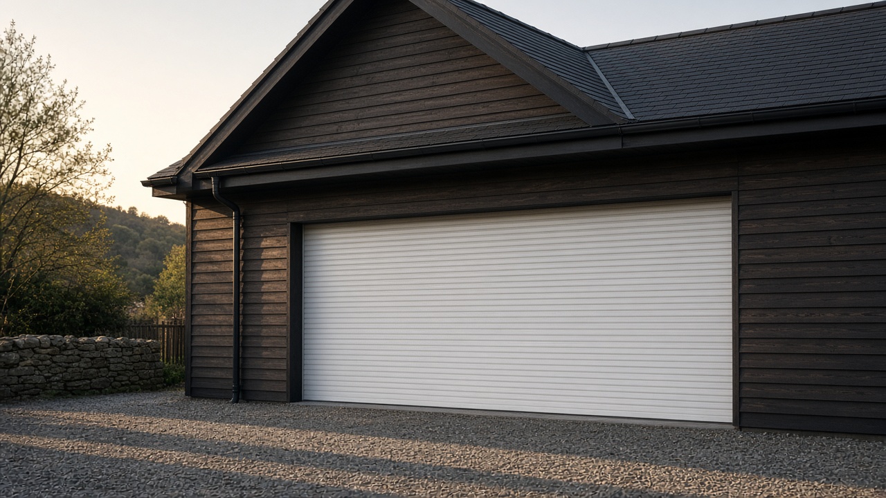 A white roller shutter fully lowered on a dark timber-clad house, late afternoon light and long shadows. Wide view of the whole elevation.