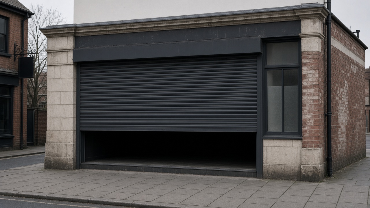 An anthracite roller shutter stopped halfway on a small high-street shopfront, a flat winter sky. Wide view of the whole elevation.