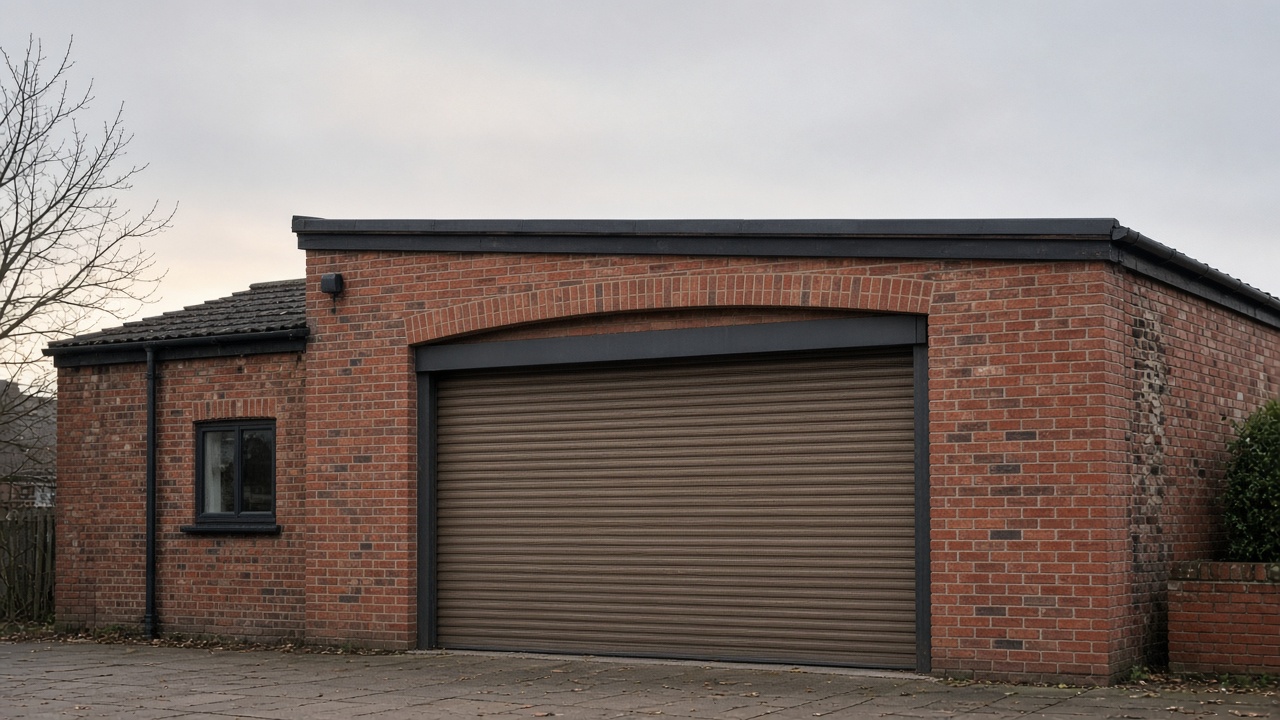A bronze roller shutter nearly closed on a red-brick rear extension, a flat winter sky. Wide view of the whole elevation.