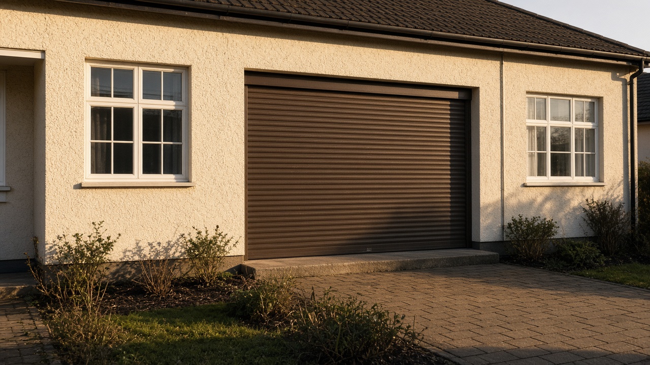 A bronze roller shutter nearly closed on a cream bungalow, late afternoon light and long shadows. Wide view of the whole elevation.