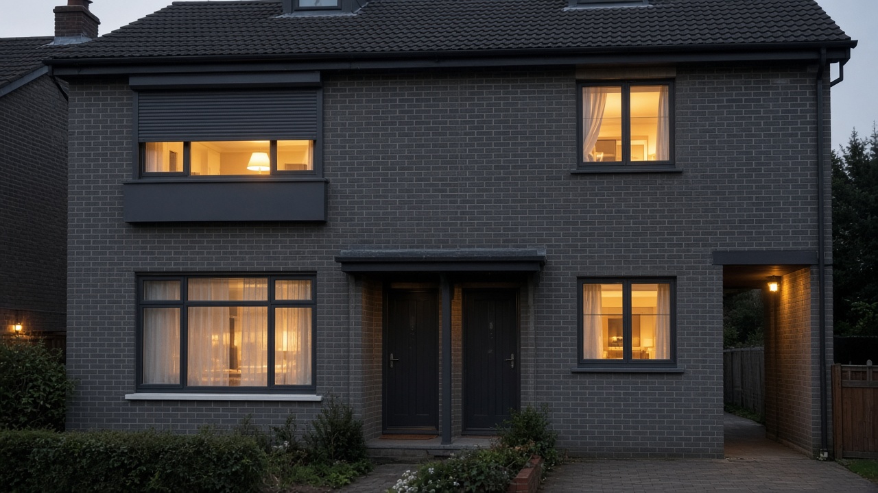 The motor end of a roller shutter box, an anthracite roller shutter stopped halfway, on a grey-brick semi, dusk, with warm lights on inside. Wide view of the whole elevation.