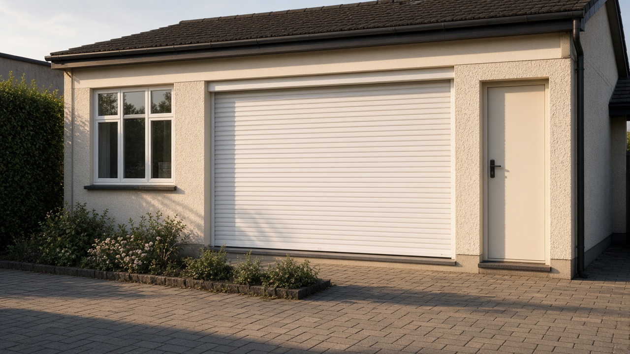 A white roller shutter fully lowered on a cream bungalow, late afternoon light and long shadows. Wide view of the whole elevation.