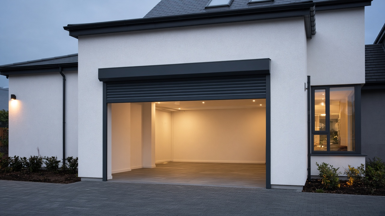 A dark grey roller shutter only a quarter down, with the box and side guides showing on a white rendered new-build, dusk, with warm lights on inside. Wide view of the whole elevation.