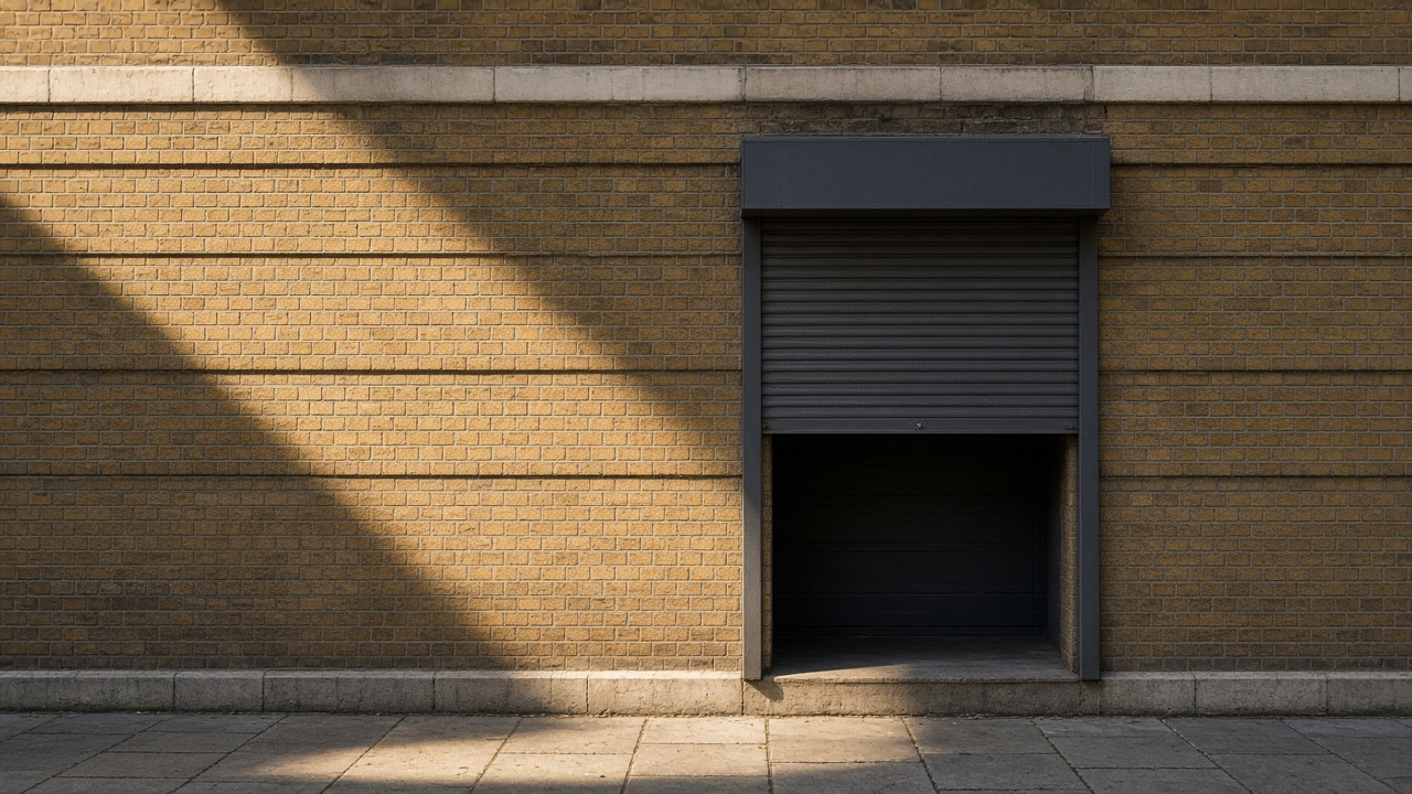 A dark grey roller shutter only a quarter down, with the box and side guides showing on a yellow London stock brick terrace, late afternoon light and long shadows. Wide view of the whole elevation.