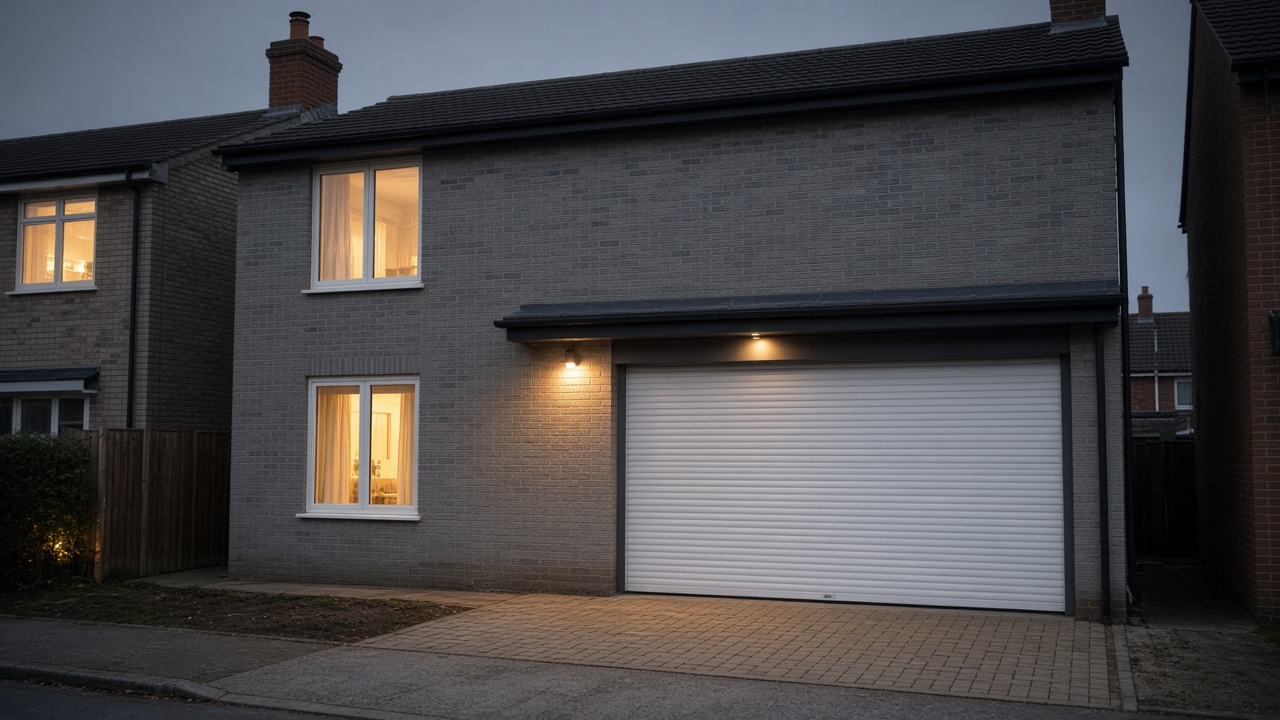 A white roller shutter fully lowered on a grey-brick semi, dusk, with warm lights on inside. Wide view of the whole elevation.