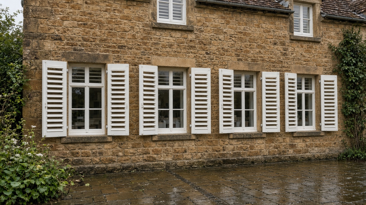 White wooden plantation shutters, louvres open, inside a sandstone cottage, just after rain, paving still wet. Wide view of the whole elevation.