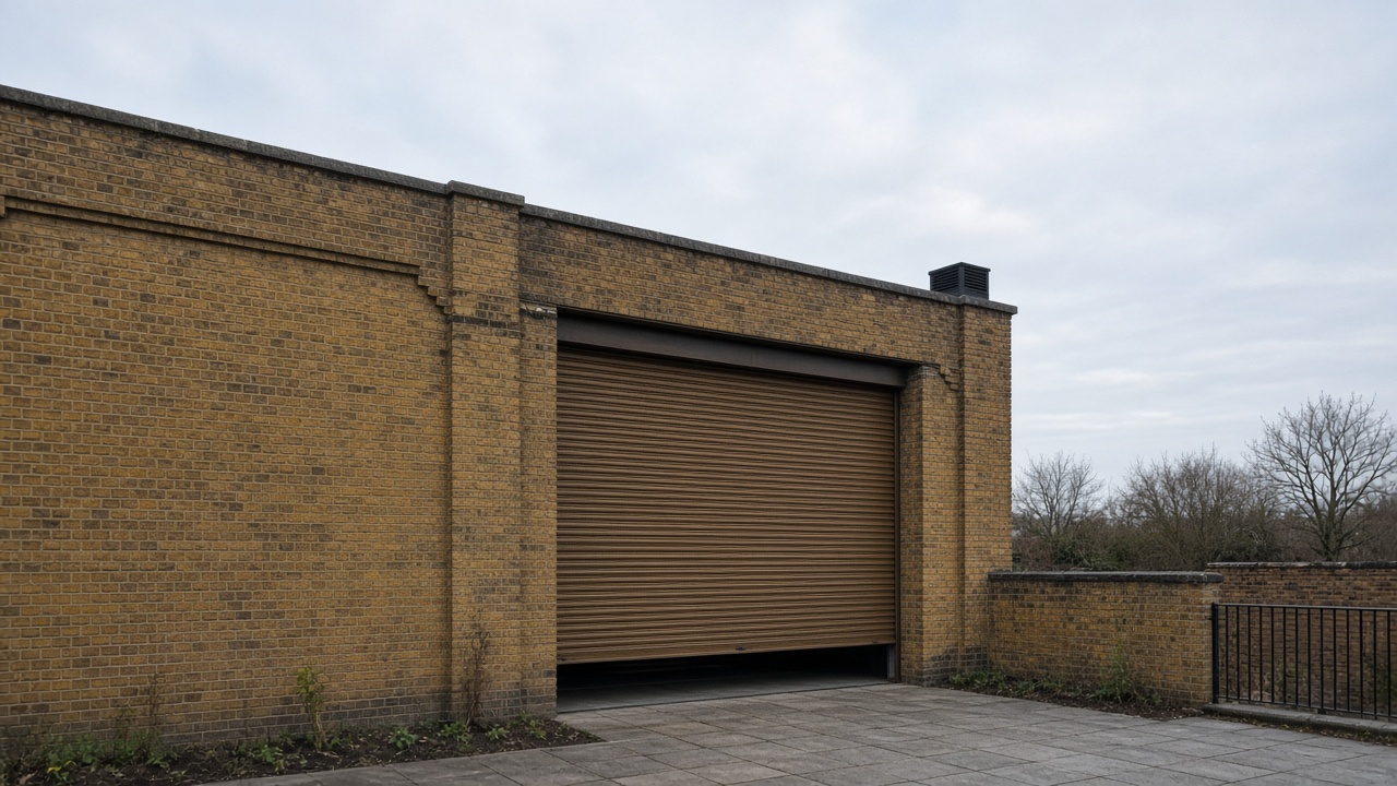 A bronze roller shutter nearly closed on a yellow London stock brick terrace, a flat winter sky. Wide view of the whole elevation.