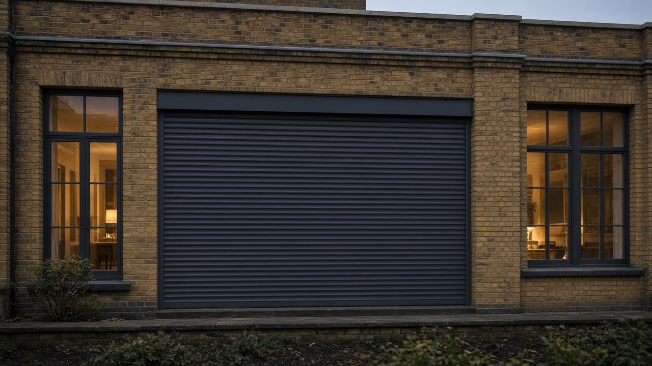 An anthracite roller shutter fully lowered on a yellow London stock brick terrace, dusk, with warm lights on inside. Wide view of the whole elevation.