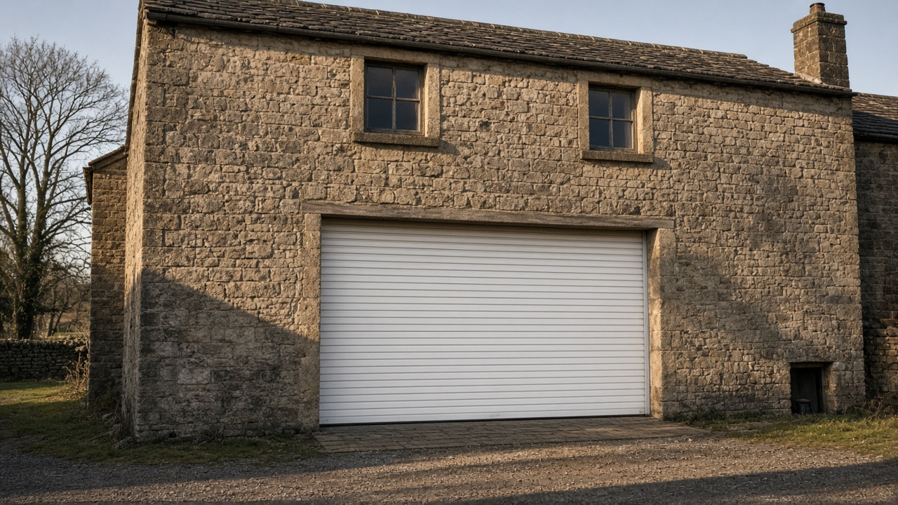 A white roller shutter fully lowered on a stone farmhouse, late afternoon light and long shadows. Wide view of the whole elevation.