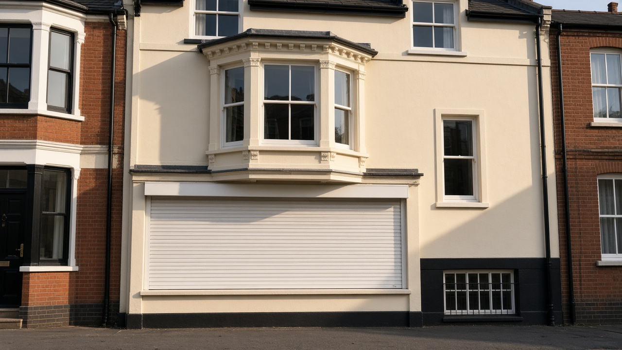 A white roller shutter fully lowered on a painted townhouse with a bay, late afternoon light and long shadows. Wide view of the whole elevation.