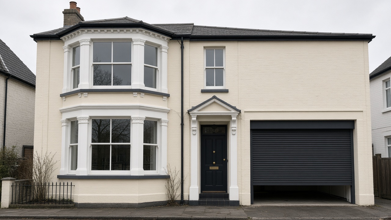An anthracite roller shutter stopped halfway on a painted townhouse with a bay, a flat winter sky. Wide view of the whole elevation.