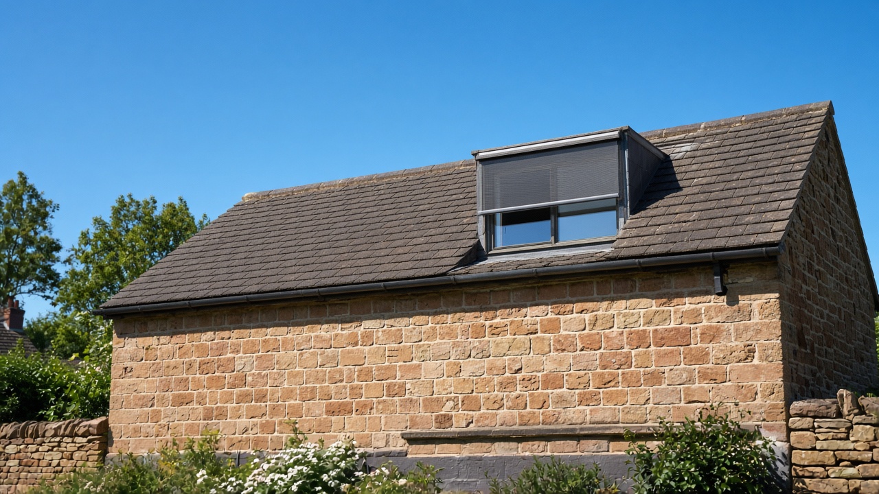 A roof window on a British pitched roof, external roller blind partly down, above a sandstone cottage, hard summer sun and a clear sky. Wide view of the whole elevation.