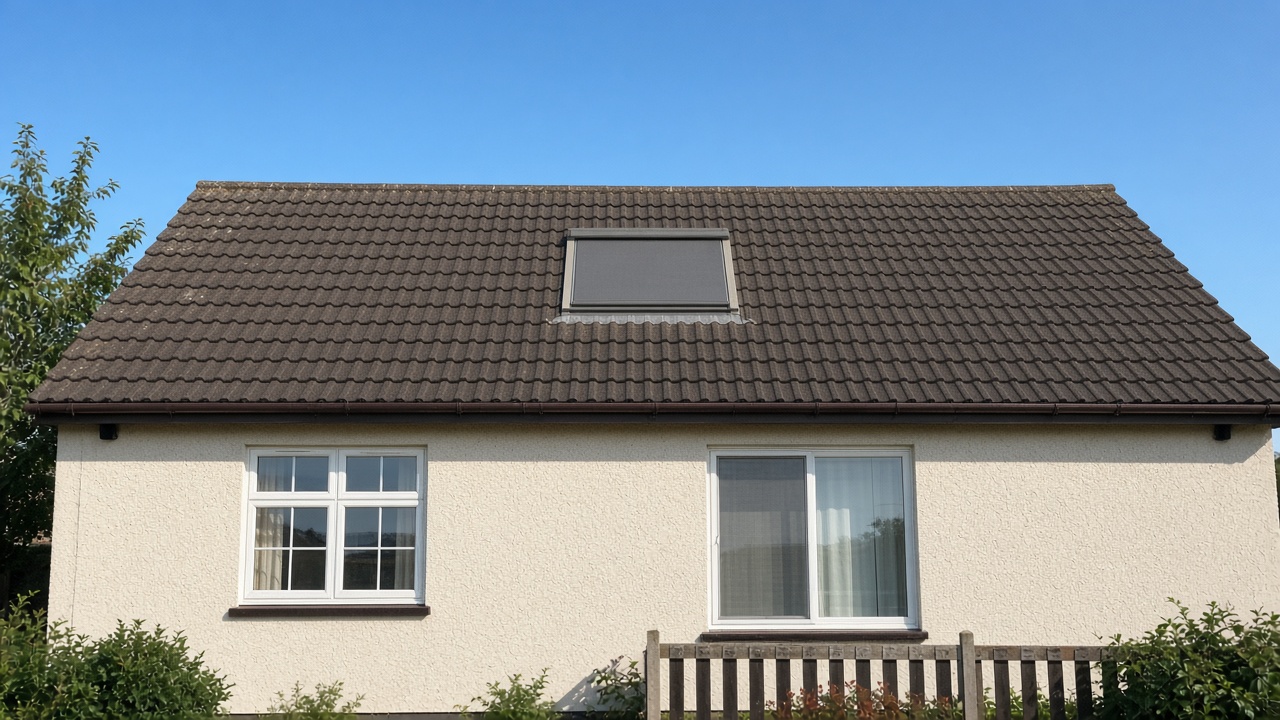 A roof window on a British pitched roof, external roller blind fully down, above a cream bungalow, hard summer sun and a clear sky. Wide view of the whole elevation.