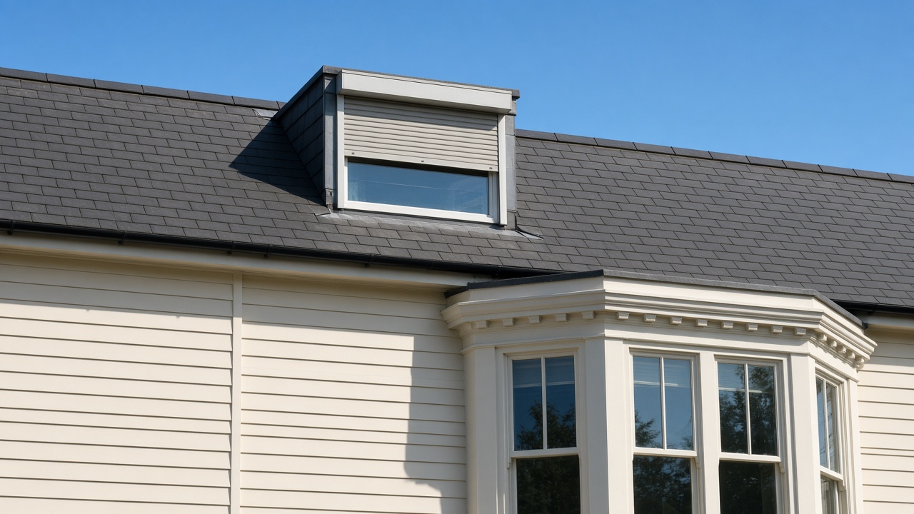 A roof window on a British pitched roof, external roller blind partly down, above a painted townhouse with a bay, hard summer sun and a clear sky. Framed on one opening.