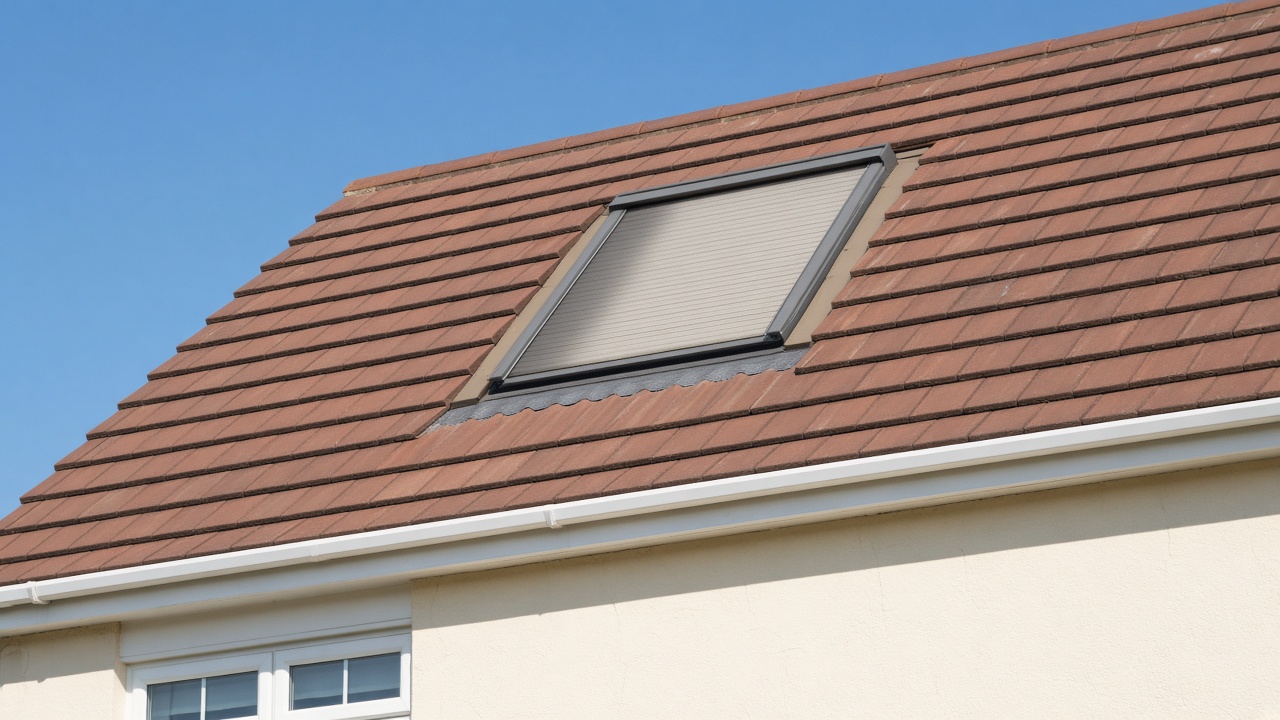 A roof window on a British pitched roof, external roller blind fully down, above a cream bungalow, hard summer sun and a clear sky. Framed on one opening.