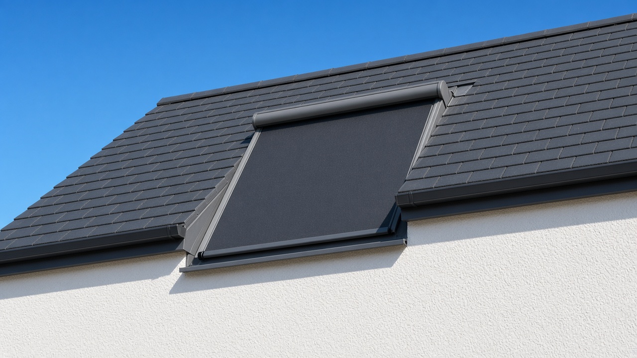 A roof window on a British pitched roof, external roller blind fully down, above a white rendered new-build, hard summer sun and a clear sky. Framed on one opening.