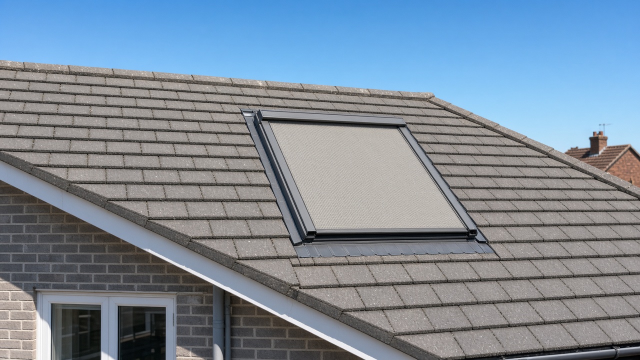 A roof window on a British pitched roof, external roller blind fully down, above a grey-brick semi, hard summer sun and a clear sky. Framed on one opening.