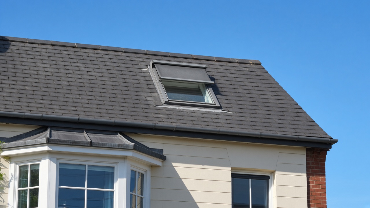 A roof window on a British pitched roof, external roller blind partly down, above a painted townhouse with a bay, hard summer sun and a clear sky. Framed on one opening.
